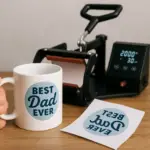 Caneca personalizada com prensa sublimtica, tipo cilíndrica, ao fundo, e arte impressa. Tudo sobre uma mesa de escritório.